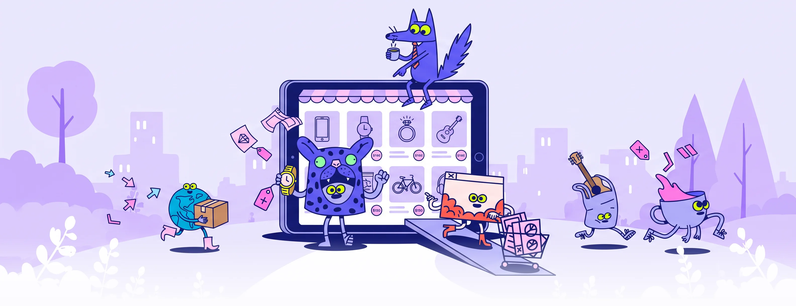 Ilustración del Marketplace de ataskate: personajes que compran, venden y envían artículos desde una tienda en una tablet