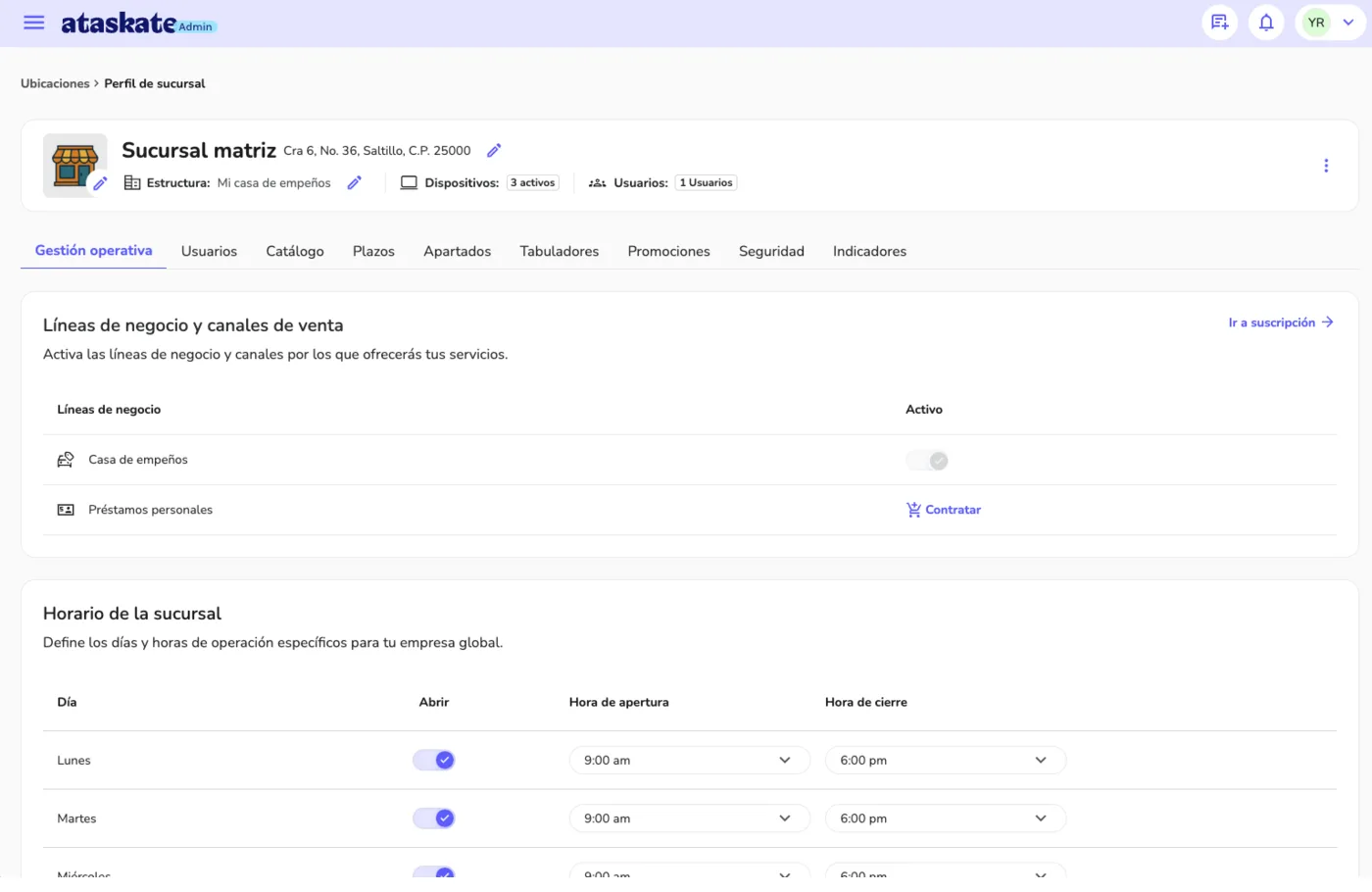 Admin de ataskate: perfil de sucursal con líneas de negocio, horarios y usuarios